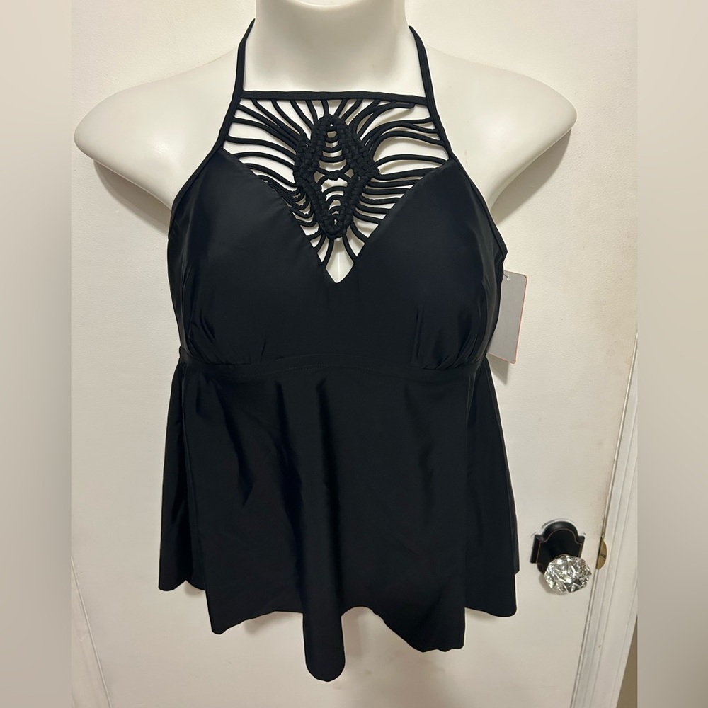 Swimsuits For All Black Halter Tankini with Macramé Front